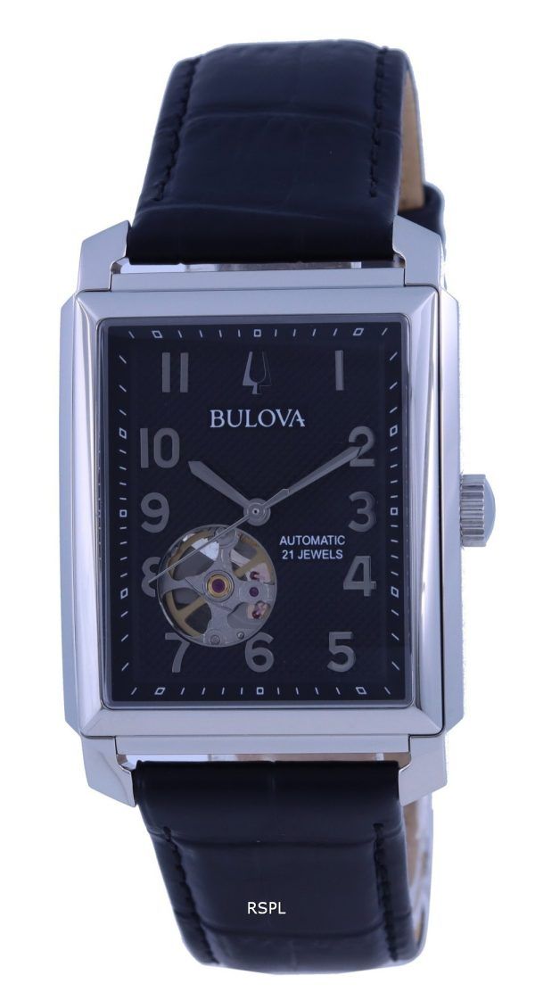 Reloj Bulova Sutton Open Heart con esfera negra y correa de cuero automático 96A269 para hombre