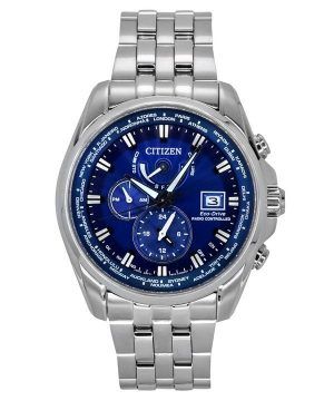 Reloj para hombre Citizen Eco-Drive Calendario perpetuo GMT Cronógrafo Acero inoxidable Esfera azul Diver&#39,s AT9120-89L 200M