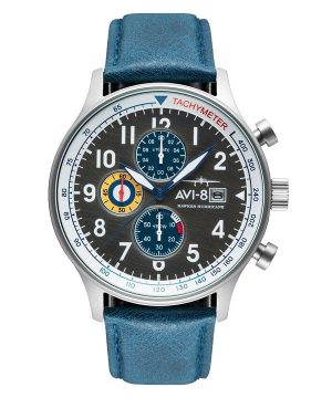 AVI-8 Hawker Hurricane Classic Cronógrafo Banderín Correa de cuero azul Esfera gris AV-4011-0F Reloj para hombre