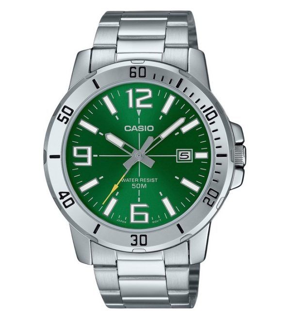 Reloj Casio estándar analógico de acero inoxidable con esfera verde y cuarzo MTP-VD01D-3BV para hombre