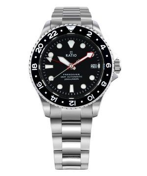 Ratio FreeDiver GMT Series Zafiro Acero inoxidable Esfera negra Automático RTF051 200M Reloj para hombre