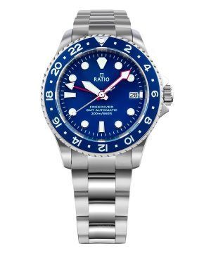 Ratio FreeDiver GMT Series Zafiro Acero inoxidable Esfera azul Automático RTF053 200M Reloj para hombre