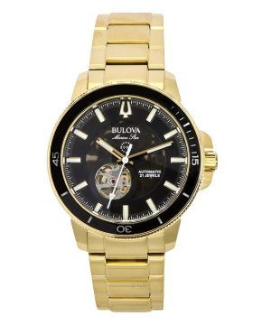 Reloj automático para hombre Bulova Marine Star de acero inoxidable en tono dorado con esfera negra 97A174 200M