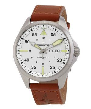 Hamilton Khaki Aviation Pilot Correa de cuero Esfera plateada Automático H64635550 100M Reloj para hombre