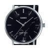 Reloj Casio Standard analógico con correa de cuero negra y esfera negra inspirada en el mármol, de cuarzo MTP-VT01LM-1A para hom