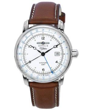 Zeppelin 100 Jahre GMT Correa de cuero Esfera plateada Automático 86661 Reloj para hombre