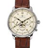 Reloj Zeppelin Mediterranean Moon Phase para hombre, correa de piel, esfera beige, cuarzo, 96365