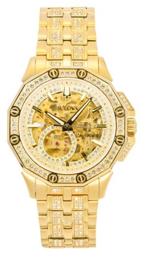 Reloj automático Bulova Octava Crystal Accents de acero inoxidable con esfera dorada y esqueleto 98A292 para hombre