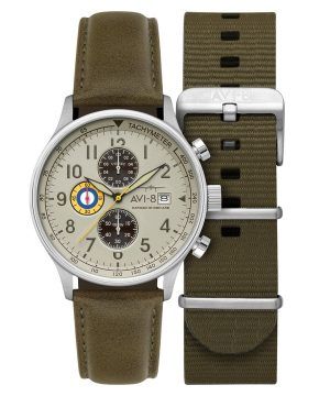 Reloj de cuarzo con cronógrafo clásico Hawker Hurricane AVI-8 AV-4011-1B para hombre con correa adicional y esfera caqui