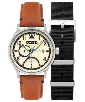 Reloj de cuarzo para hombre AVI-8 Hawker Hurricane Mckellar con doble horario, correa de piel marrón y beige, esfera color crema