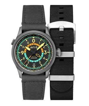 Reloj automático para hombre AVI-8 Flyboy Wingman Worldtimer GMT con esfera gris tropical AV-4120-04 y correa adicional