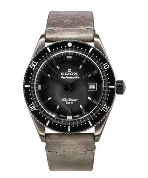 Reloj de buceo automático Edox Skydiver de edición limitada con correa de cuero y esfera gris 80126 3VIN GDN 300M para hombre