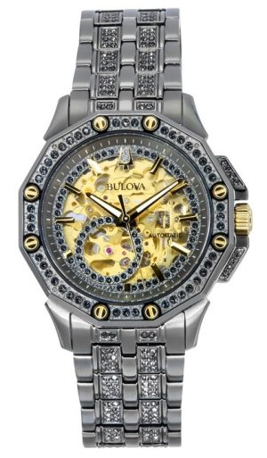 Reloj automático Bulova Octava Crystal Accents de acero inoxidable con esfera dorada y esqueleto 98A293 para hombre