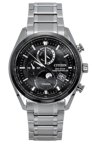 Reloj Citizen Tsuki-Yomi con fase lunar controlada por radio, titanio, esfera negra, Eco-Drive BY1018-80E, 100 m, para hombre