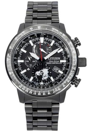 Reloj de piloto Citizen Promaster Geo Trekker Eco-Drive BY3005-56G de acero inoxidable con esfera negra y correa de piel de bece