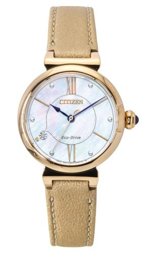 Reloj Citizen Serie L con correa de piel y detalles de diamantes, esfera de nácar blanco, Eco-Drive EM1073-18D para mujer