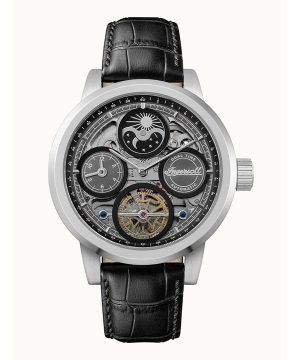 Reloj automático Ingersoll The Arc Moon Phase para hombre, correa de cuero, esfera esqueletizada negra, I16001