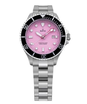 Reloj de cuarzo Ratio FreeDiver de acero inoxidable con zafiro y esfera rosa caramelo RTFL809 200M para mujer