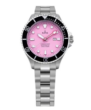 Reloj automático para mujer Ratio FreeDiver de acero inoxidable con zafiro y esfera rosa caramelo RTFL839 200M