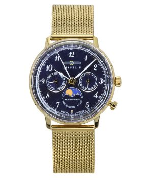 Reloj Zeppelin LZ 129 Hindenburg Moon Phase de acero inoxidable dorado con esfera azul y cuarzo 7039M2 para hombre