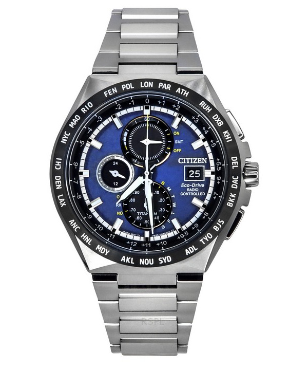 Reloj Citizen Eco-Drive Radio Controlled GMT Cronógrafo Super Titanium Esfera azul AT8238-84L 100M para hombre