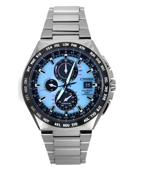 Reloj Citizen Eco-Drive Radio Controlled GMT Cronógrafo Super Titanium Esfera azul claro AT8238-84M 100M para hombre