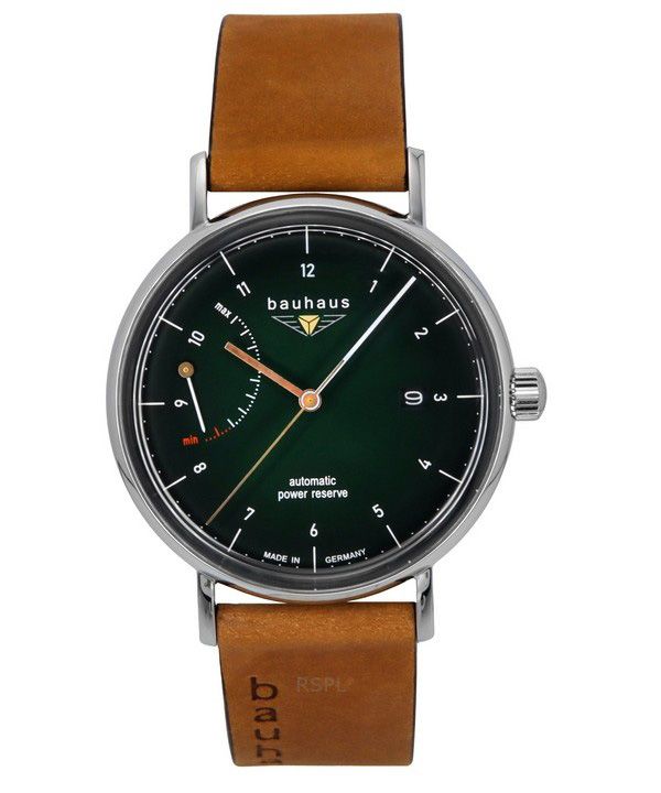 Reloj Bauhaus Classic para hombre, automático, con correa de piel marrón y esfera verde oscuro, 21604