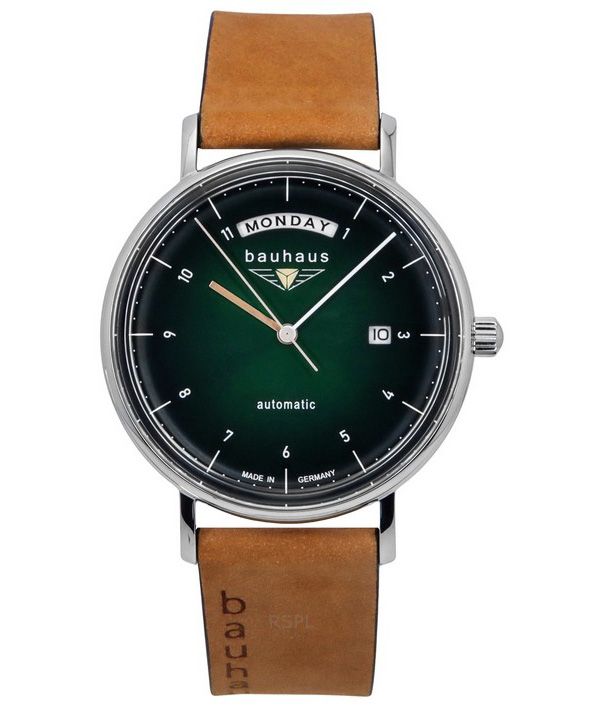 Reloj Bauhaus Classic con correa de piel y esfera verde oscuro, automático, 21624, para hombre