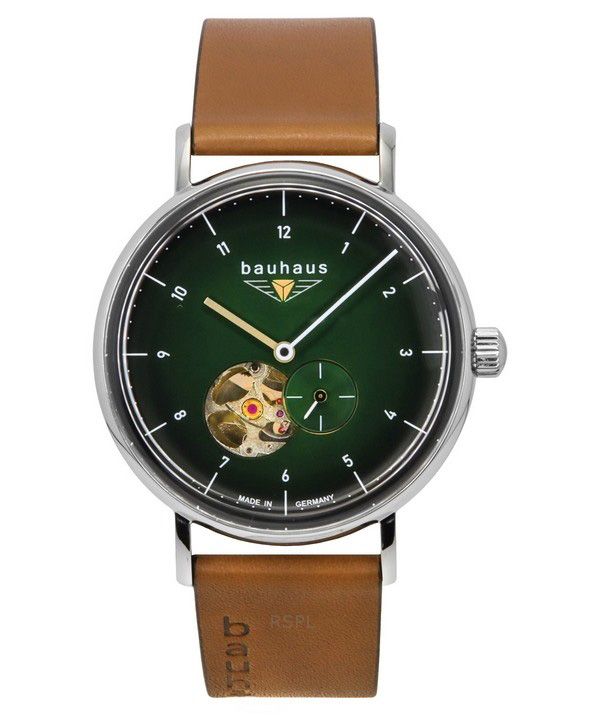 Reloj Bauhaus Classic con correa de piel y esfera de corazón abierto verde oscuro, automático, 21664 para hombre