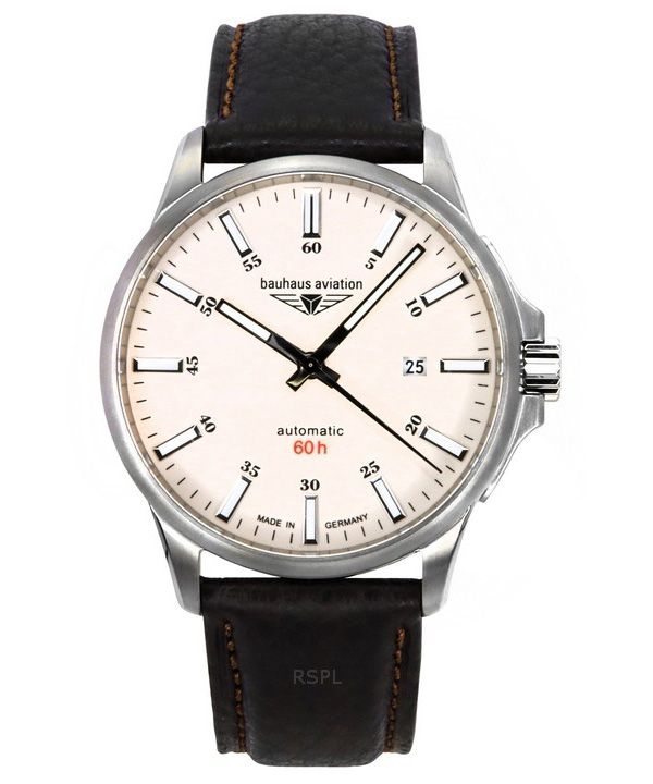 Reloj automático Bauhaus Aviation con correa de piel y esfera beige luminosa, 28645, 100 m, para hombre