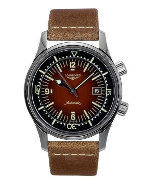 Reloj automático Longines Legend Diver con correa de piel y esfera marrón L3.774.4.60.2 300M para hombre