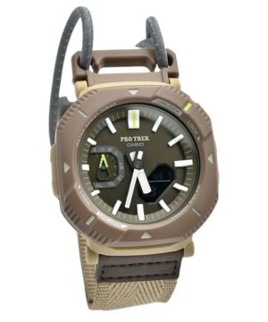 Reloj analógico digital Casio Pro Trek con correa de tela y enlace para teléfono inteligente, esfera verde, resistente al sol PR